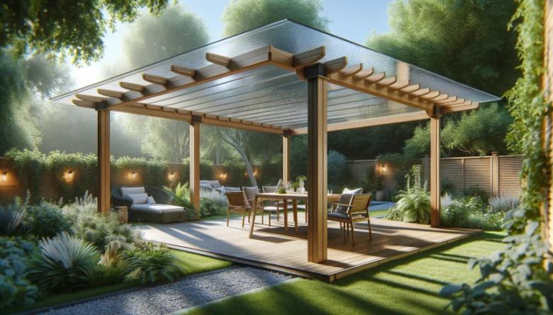 Dřevěná pergola s průsvitnou střechou v zahradním prostředí.