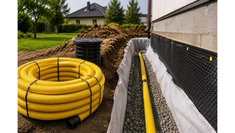 Instalace drenážního systému s žlutou hadicí u domu.