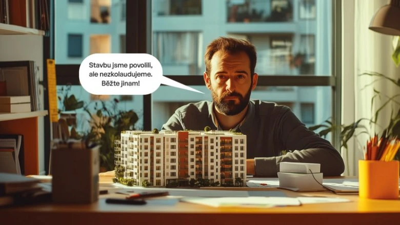 Architekt sedí u modelu stavby s výzvou k kolaudaci.