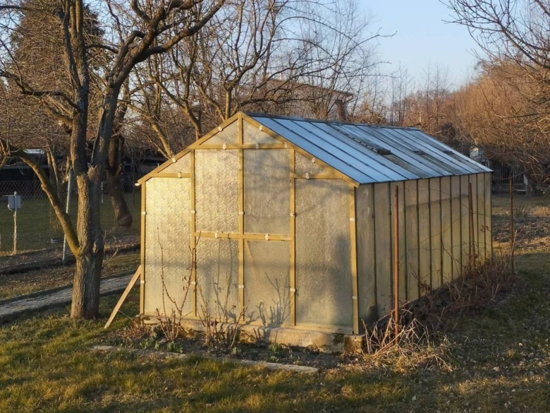 Dřevěný skleník s průsvitnými panely v zahradním prostředí.