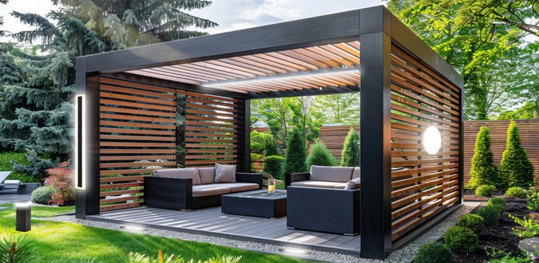Moderná osvětlená pergola s venkovním sedacím nábytkem v zahradě.
