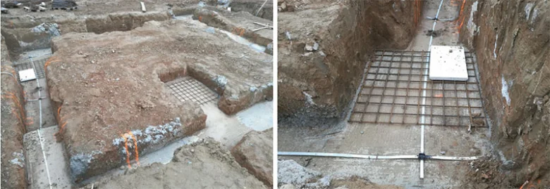 Instalace uzemnicí sítě v základové jamce pro elektroinstalaci.