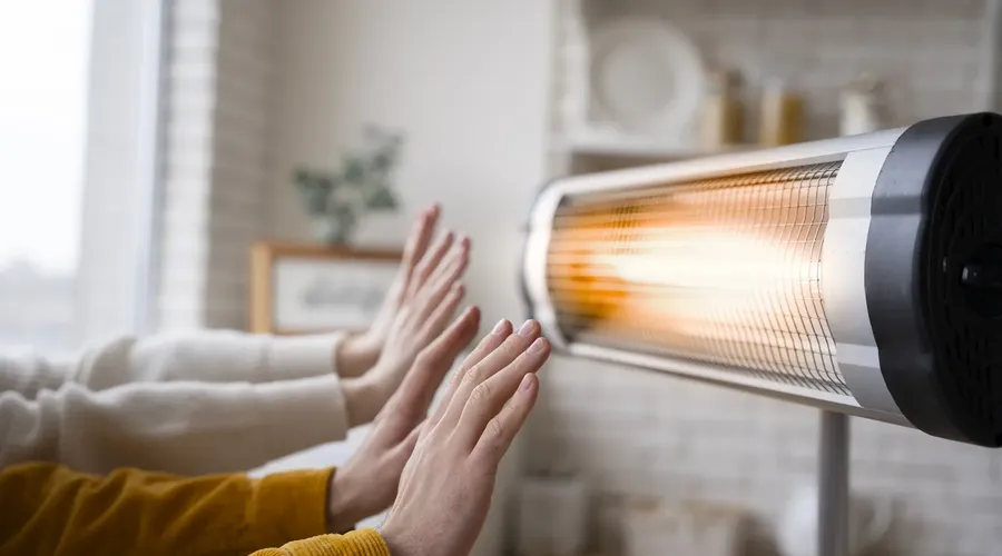 Dvě ruce se ohřívají u elektrického topného tělesa v interiéru.