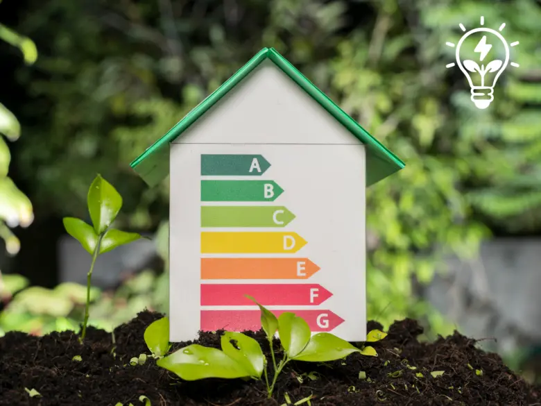 Model domu s energetickým štítkem v přírodním prostředí.