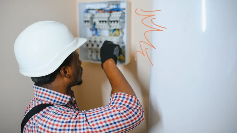 Elektrikář pracuje u rozvaděče v bytě.