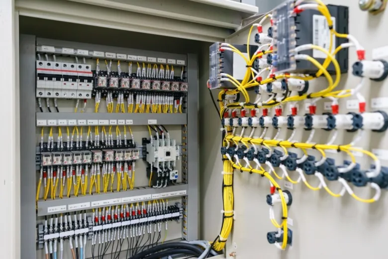 Otevřená elektrická skříň s rozvody a pojistkami pro revizi elektroinstalace.