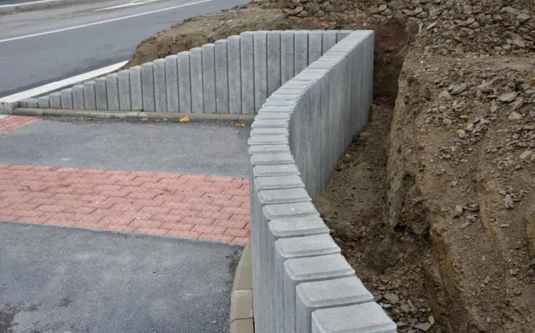 Nová betonová tvárnice zdi pro udržení půdy na stavbě.