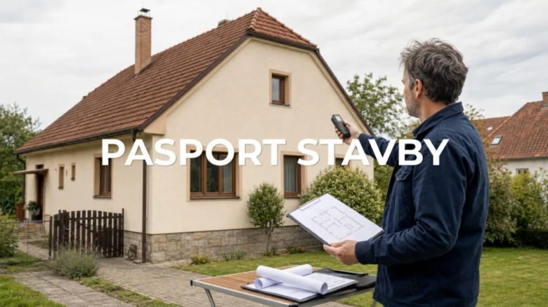 Muž s plány inspektuje dům při rekonstrukci.