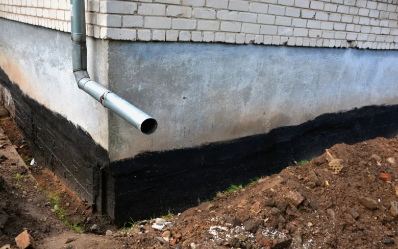 Černá hydroizolace na základě budovy u stavebního pozemku.
