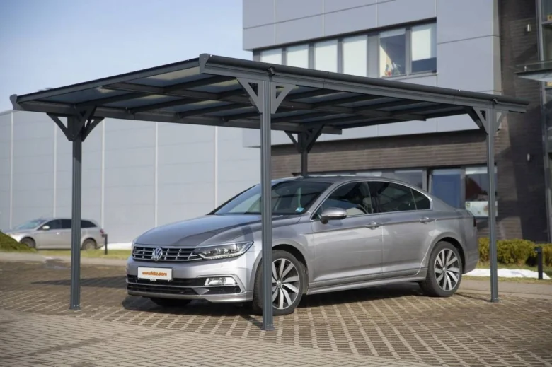 Stříbrný automobil pod přístřeškem na zahradě před domem.