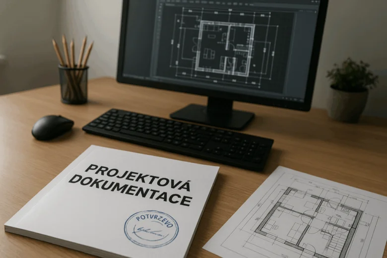 Stůl s dokumentací projektu stavebního objektu na počítači.