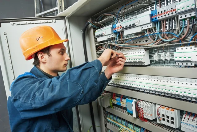 Elektrotechnik opravuje průmyslový rozvaděč v továrně.