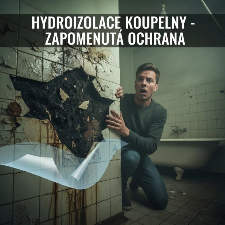 Muž kontroluje poškozenou hydroizolaci v koupelně.