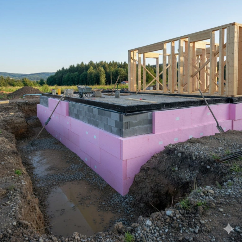 Základová izolace domu růžovými desek proti vlhkosti.