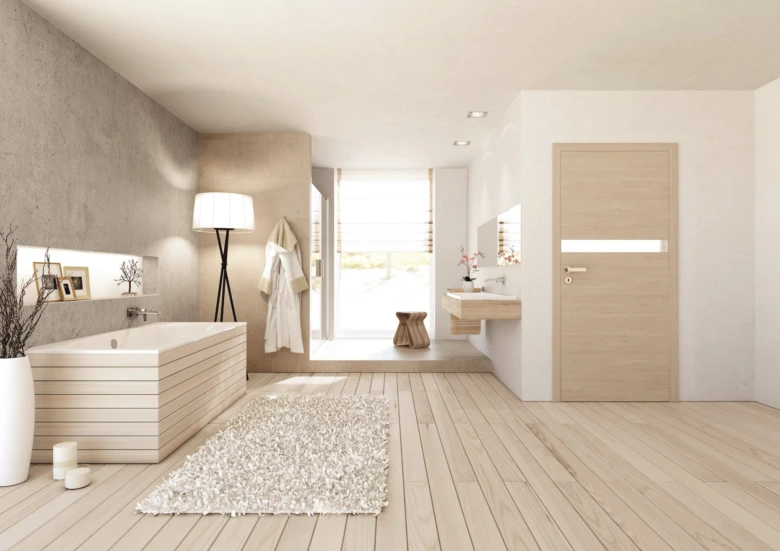 Moderní koupelna s dřevem, bílými prvky a minimalistickým designem.