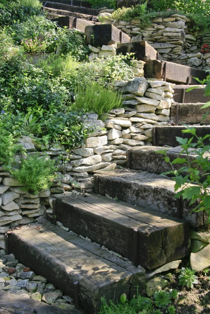 Wooden steps on slope