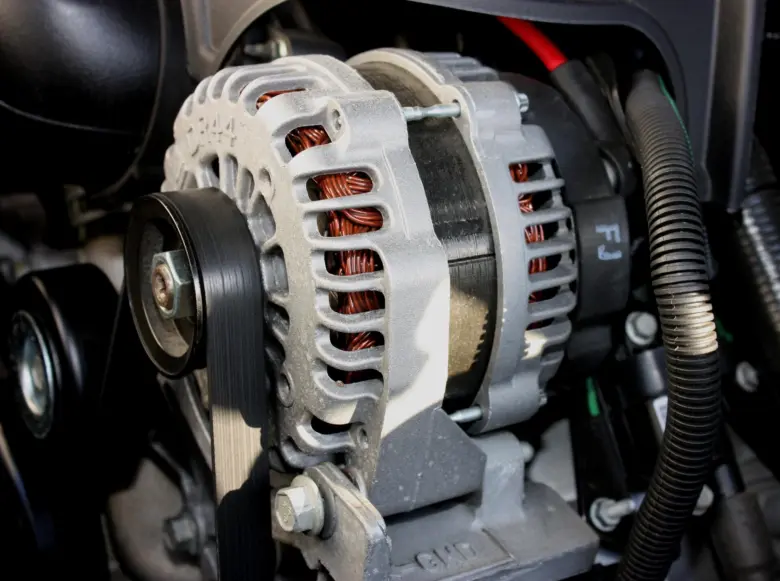Detailní foto automobilového alternátoru s měděnými cívkami v motorovém prostoru.