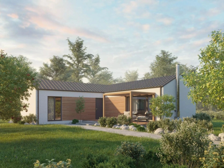 Modernní bungalov ve tvaru L s dřevěným obkladem v zeleném prostředí.