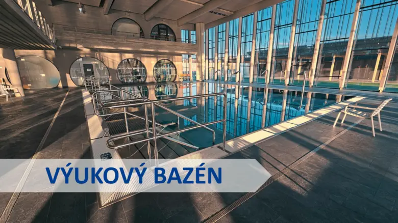Vnitřní plavecký bazén v krytém areálu s velkým oknem.