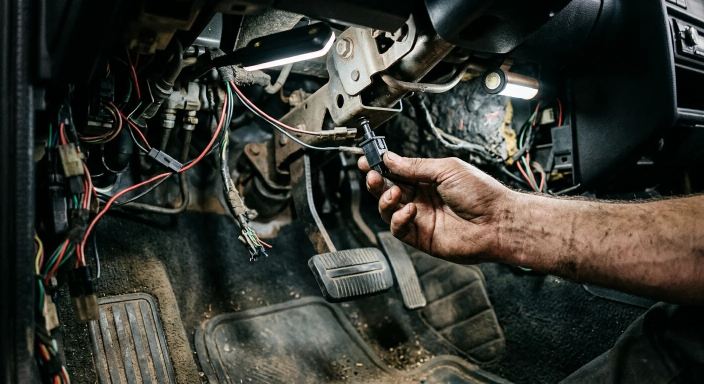Mechanik drží konektor senzoru u autového pedálu při diagnostice.