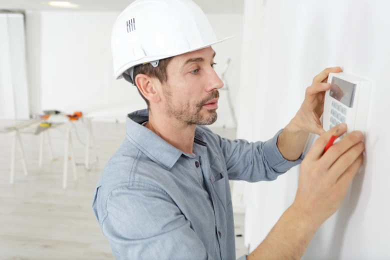 Muž v přilbě montuje infra topný panel na zeď.