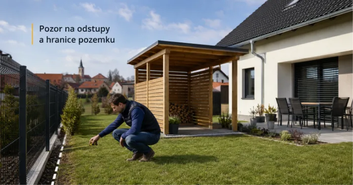 Muž měří vzdálenost od plotu k zahradnímu skladu.