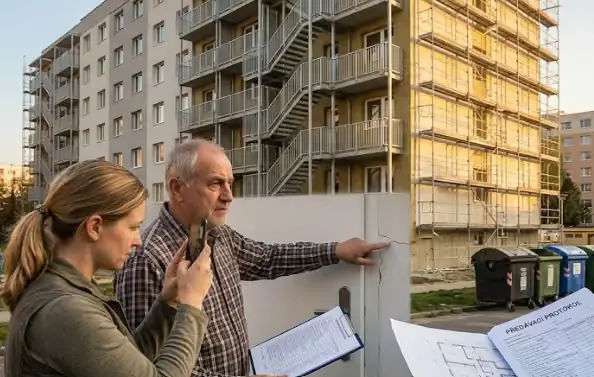 Muž ukazuje na trhlinu v fasádě bytovky při rekonstrukci.