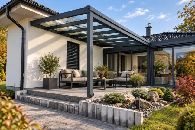 Moderní hliníková pergola s venkovním posezením u domu.