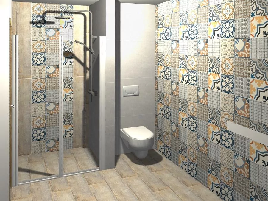 Moderní koupelna s barevnými dlaždicemi v patchwork stylu.