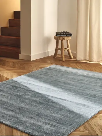 Modrý koberec v obývacím pokoji na dřevěné podlaze.