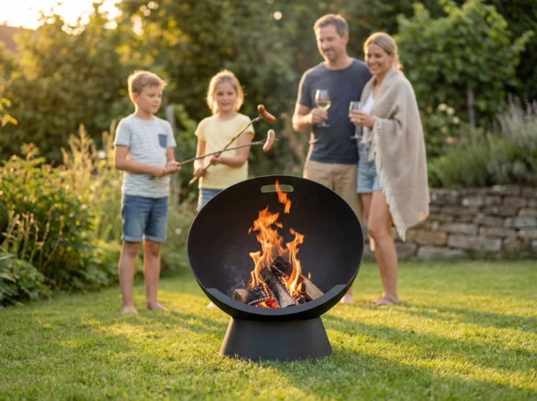 Fire pit with family roasting sausages