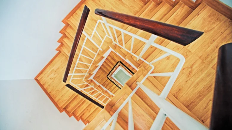 Wooden spiral staircase interior view