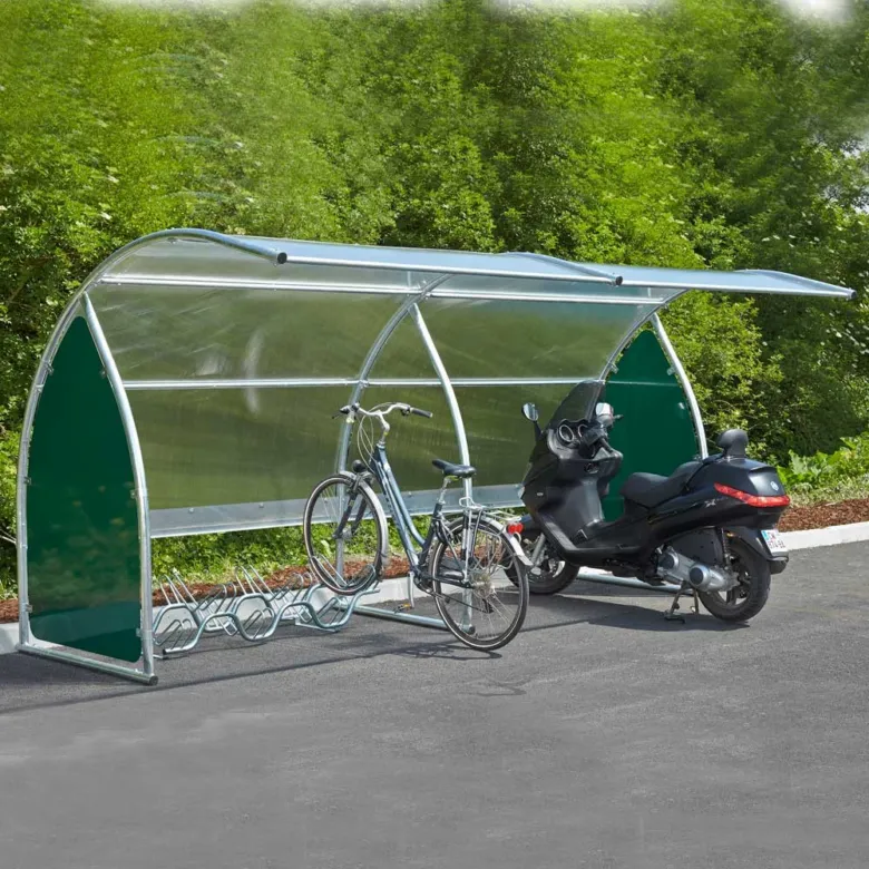 Bike shelter with scooter and bicycle