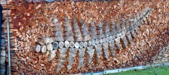 Umělecké uspořádání dříví ve tvaru rybí kostry na pozadí.