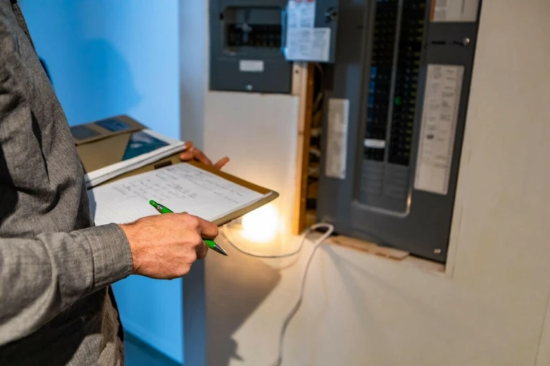 Elektrikář kontroluje rozvaděč s otevřeným jističem.
