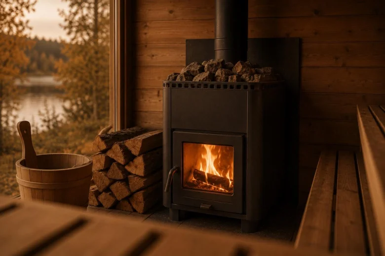 Sauna s hořícím dřevěným kotlem, dřevo na skladování a košík vedle okna.