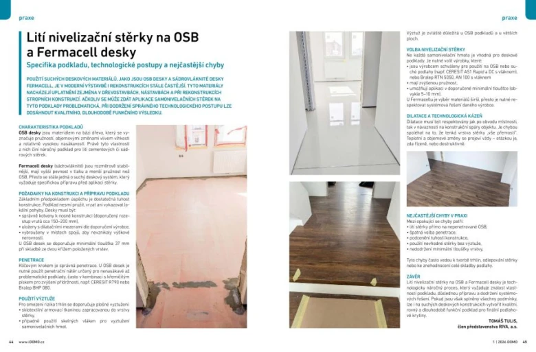 Fotografie aplikace samonivelační stěrky na desky z OSB.