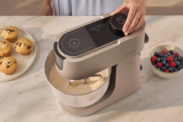 Modern kuchyňský robot míchá těsto s muffiny vedle.