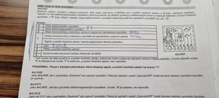 Schéma zapojení domovního telefonu Art.3101 s popisem svorek.