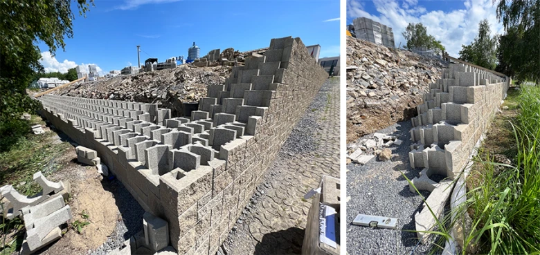 Nová betonová zadrživá zeď na svahu v zahradě.
