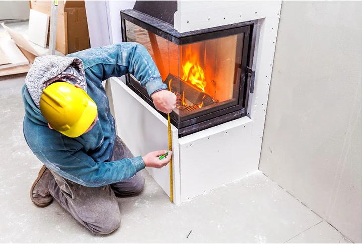 Montér měří krb s hořícím ohněm při instalaci dvírek.
