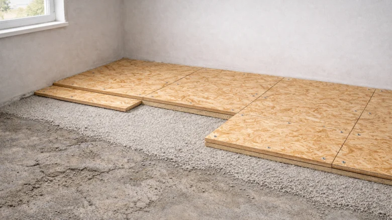 Vyrovnávání betonové podlahy pomocí dřevěných desek na štěrku.