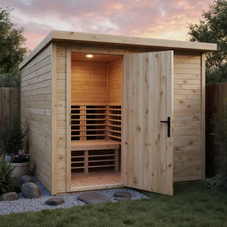 Hotová dřevěná venkovní sauna s otevřenými dveřmi v zahradě.