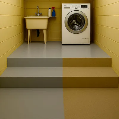 Moderní podlaha v prádelně s dvoubarevným nátěrem na betonu.
