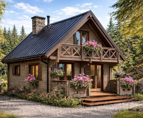 Two-story wooden cabin with flowers