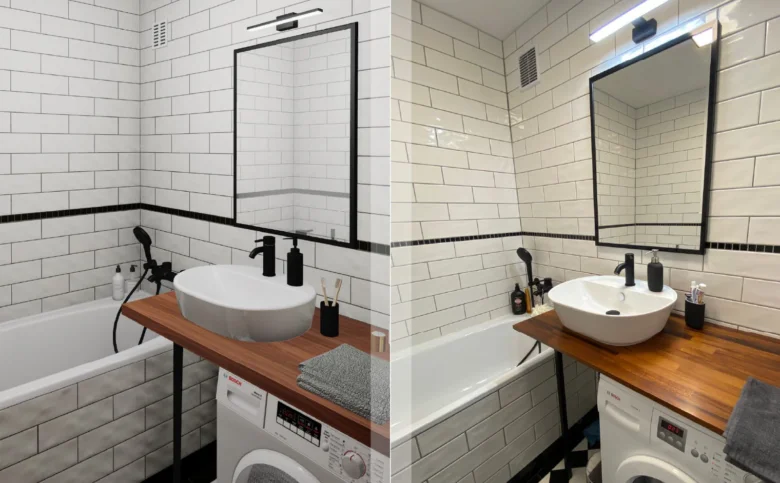 Moderní renovovaná koupelna s dřevěnou vanou a bílými dlaždicemi.