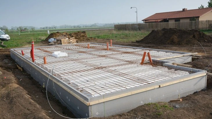 Příprava betonové základní desky s výztuží na staveništi.