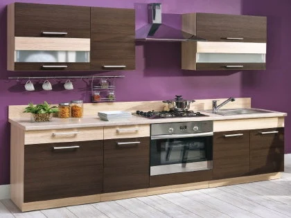 Moderní kuchyňské skříňky s dřevěnou frontou a ocelovými spotřebiči.