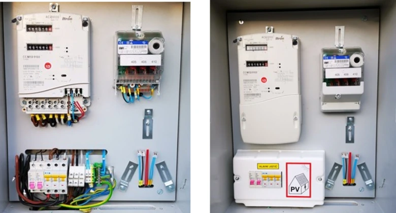 Fotografie dvou typů vnitřních rozvaděčů s elektroměry a pojistkami.