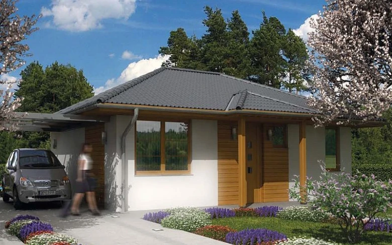 Modern dřevostavba s okapem a kvetoucími keři v zahradě.